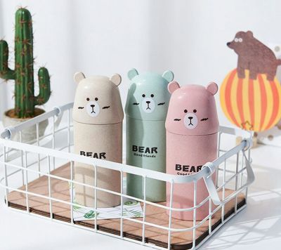 M04-5206 Wheat Straw Portable and Cute Bear Tooth Set Box Toothpaste Toothbrush Storage Container Simple