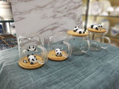 New creative small ceramic doll panda pet dog animal lightweight heat resistance high borosilicate drinking glass cup