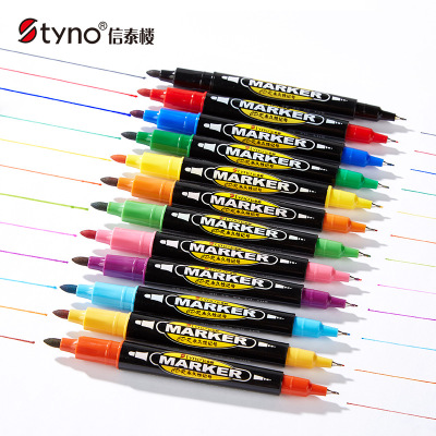 Xin tai house 8 color 12 color small double head oil marking pen black children's drawing pen fine head marking pen