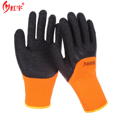 Red ring wrinkles semi - hang nylon gloves dip rubber cold latex gloves, wear - resisting labor protection supplies wholesale