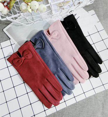 Foreign trade double-sided suede gloves with touch screen opening bow thickening gloves lovely warm gloves