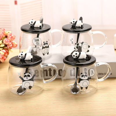 Levo 10 Panda Glass with 3D Panda Lid Water Cup heat resistant Cup student Gift Cup