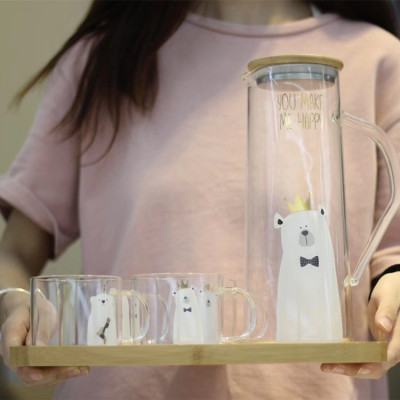 Creative cold Water Bottle set 6 pieces Big White Bear high temperature water Cup gift set with bamboo tray home Life Cup