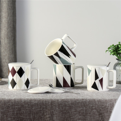 Nordic Ceramic Cup Creative Geometric Ceramic Cup Mug with Lid Coffee Cup Household Water Cup Promotion Gift Cup