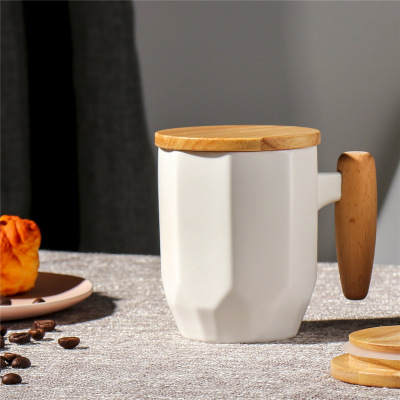 Nordic Instagram Style White Ceramic Cup Mug with Bamboo Cover Bamboo Handle Can Be Customized Gift Cup One Piece Dropshipping