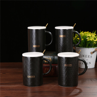 Minimalist Creative Dark Pattern Ceramic Cup with Cover with Spoon Mug Office Home Milk Coffee Cup Men's Drinking Glasses