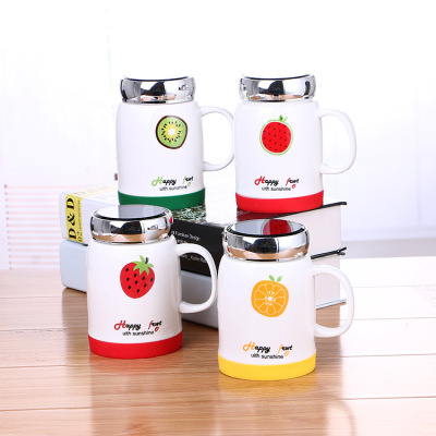 New Mirror Fruit Cup Office Ceramic Cup Creative with Mug Coffee Cup Cute Couple Water Cup