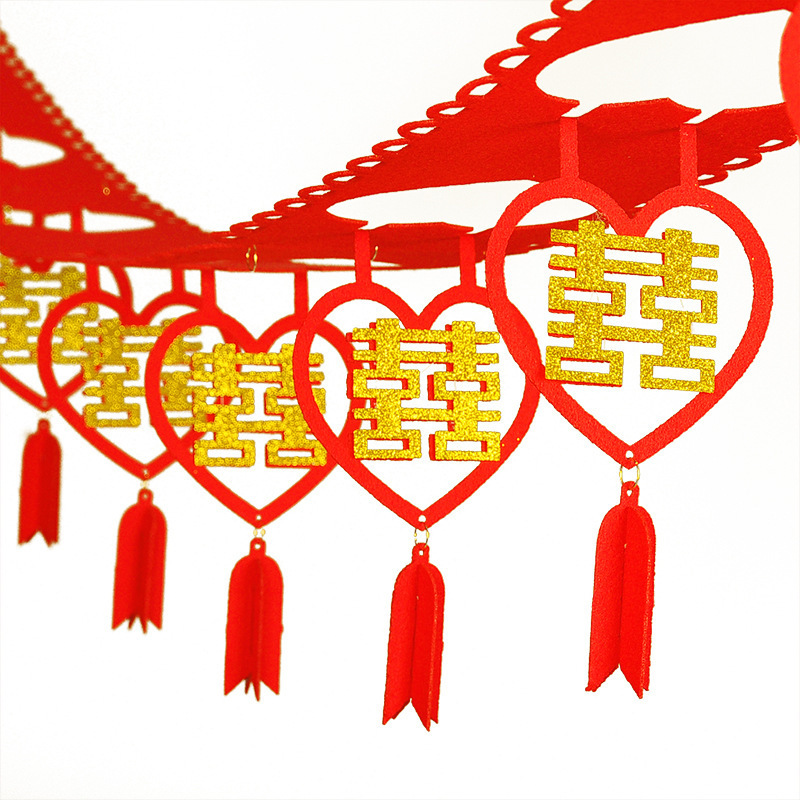 婚庆结婚用品无纺布拉花婚房装饰布置喜字贴金拉花喜庆吊旗批发