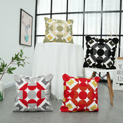Japanese Geometric Abstract Throw Pillowcase Manufacturer Customized High-End Cotton Embroidered Pillowcase Sofa and Bedside Cushion Cover