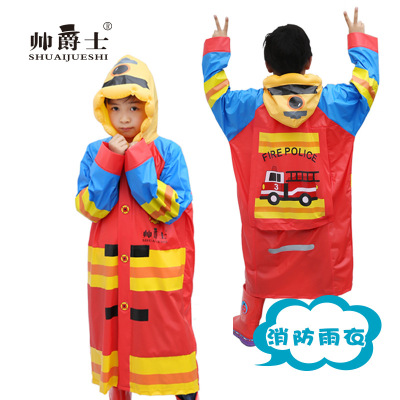 Cartoon Fire Fighter Children Raincoat Boys Kindergarten Girls Primary School Students with Schoolbag Thicker Inflatable Brim