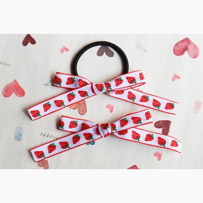 秋硕少女草莓发圈发绳手作原宿风草莓蝴蝶结头绳皮筋双马尾发饰