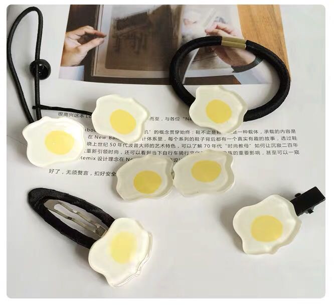 秋硕原宿软萌吃货荷包蛋亚克力刘海鸭嘴一字边发夹发圈头绳饰品