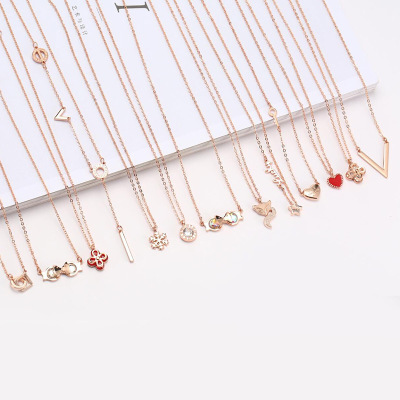 New Japanese and Korean Version 18K Rose Gold Women's Non-Allergic Titanium Steel Necklace Non-Fading Popular Jewelry Stainless Steel Pendant