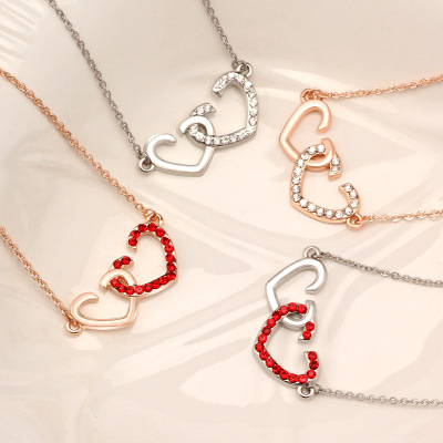 Necklace Korean Korean Style Girls' Heart-Shaped Buckle Artificial Rhinestone Alloy Clavicle Chain Ornament
