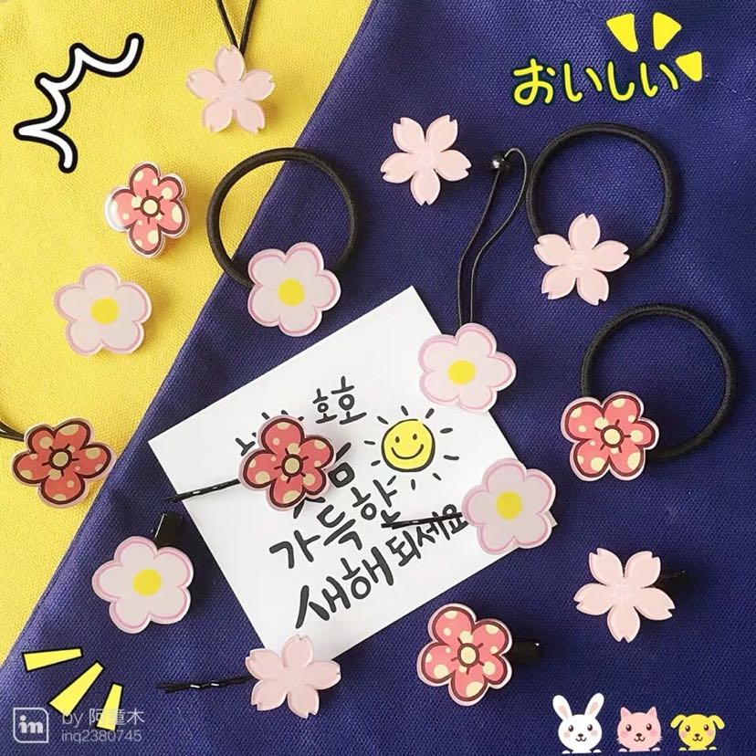 秋硕甜美小清新浪漫樱花朵发圈发头绳皮筋一字边夹胸针饰品
