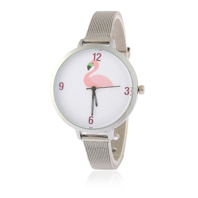 Cross-border hot stainless steel printing watch trend metal mesh wrist watch personality flamingo decoration watch trend