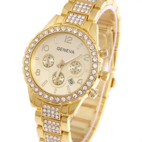 fashion geneva women‘s gold steel strap watch diamond three-eye calendar alloy steel strap quartz watch spot