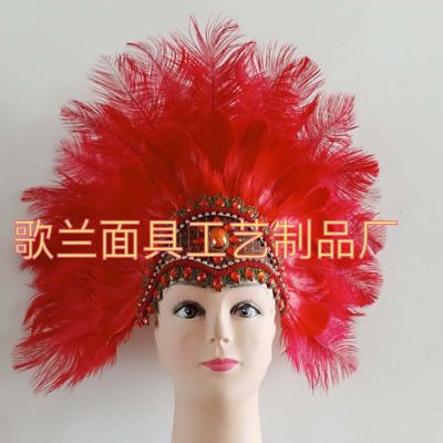 Ostrich feather headdress, red feather headdress, gemstone feather headdress, women's headdress, Indian headdress