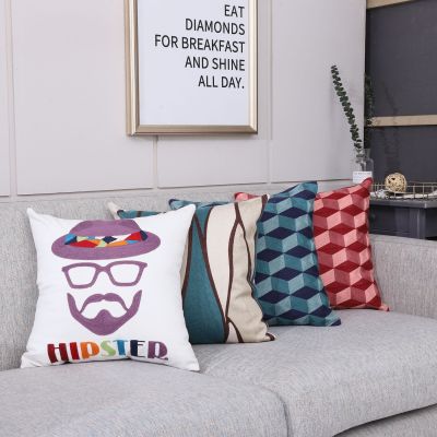 Modern contracted geometry check stripe doesn pillow case wool thread full embroider sofa back rest seat waist pillow ca