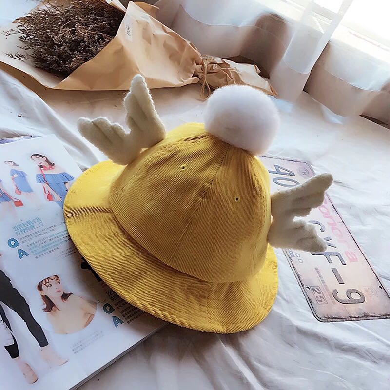 秋硕文艺天使翅膀灯芯绒盆帽情侣小清新兔毛球盆帽情侣出游遮阳帽