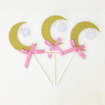 Baked cake decorated with bright gold pink blue star moon cake card 4pcs