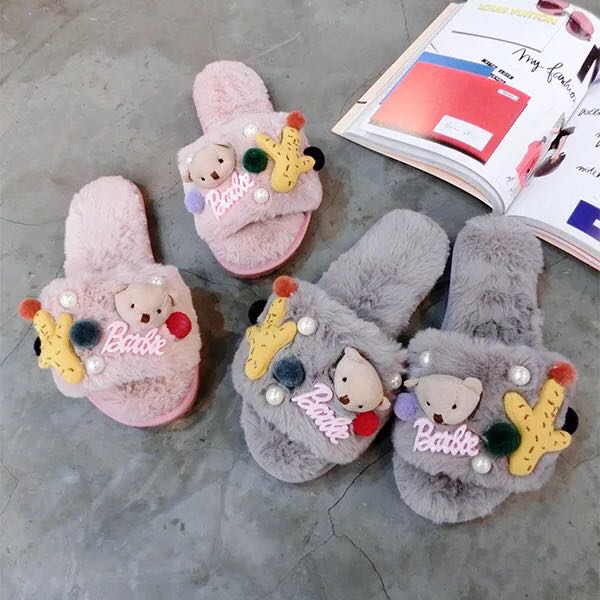 秋硕小熊头毛球字母一字拖毛毛露趾保暖拖鞋配件