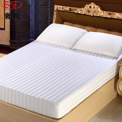 Luxury Fan Hotel Supplies Pure Cotton Encryption White Satin Stripe Fitted Sheet Hotel Bed Bedspread Hotel Cloth Product Factory Wholesale