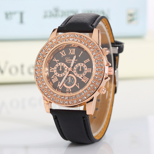 foreign trade hot geneva diamond belt watch fake three-eye double-layer literal bilateral diamond fashion women‘s watch