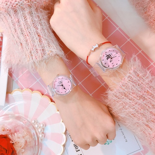 japanese and korean pink girl heart personalized text beautiful girl fairy watch transparent jelly watch transparent wrist watch