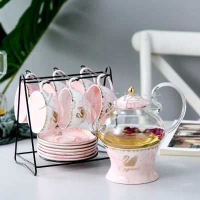 Marble pattern ceramic new tea pot red tea cup afternoon tea coffee cup saucer swan painted gold tea set gift