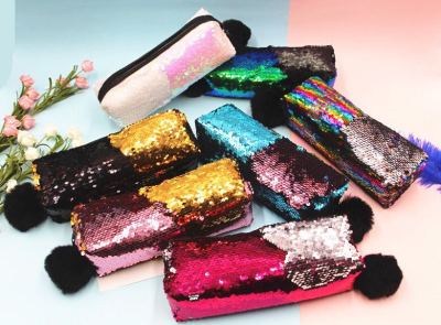 New hairball two-color sequined pen bag stationery student bag lady mermaid sequined storage bag