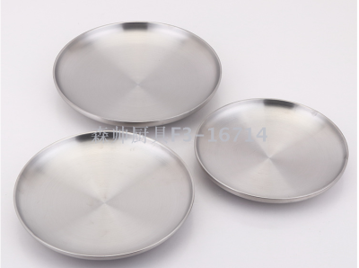 Disc Korean Style Barbecue Plate Insulated Dinner Plate round Flat Stainless Steel Double Layer Plate 304