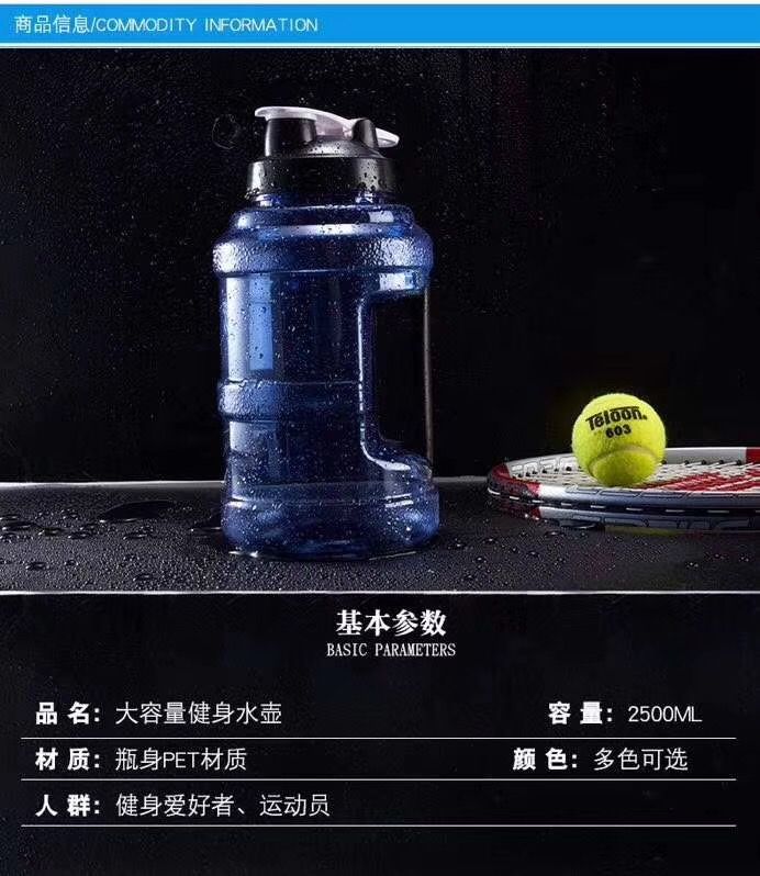 大水桶水杯运动水杯翻盖带提手2500mlPET多色