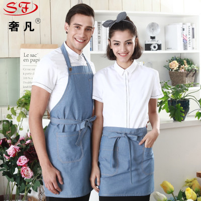 Denim apron Korean version of fashionable men and women hanging neck coffee shop waiter uniforms be customized LOGO