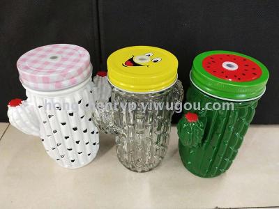 2019 new cactus glass handle mason cup glass bottle straw cup spray paint processing