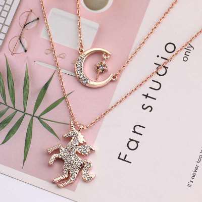 Factory direct selling unicorn star moon necklace folded a double split collarbone chain pendant accessories wholesale