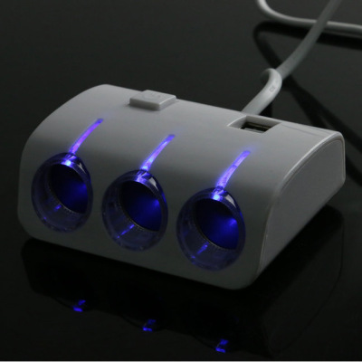 Three-hole cigarette lighter car power sub one one three-pair USB cigarette lighter with switch on-board charger