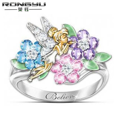 Rongyu wish hot style exquisite imitation of 925 rings color fantasy flowers fairy angel 14K gold plated two-color rings