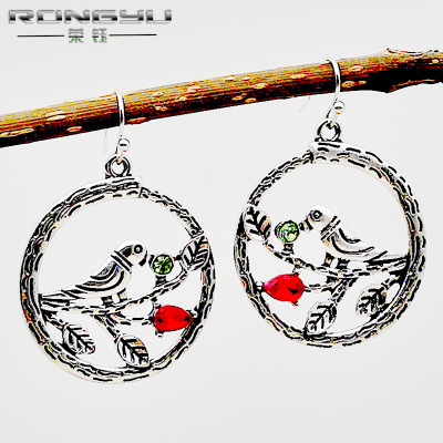Rongyu wish new round creative hollow branches bird earrings 925 retro Thai silver ear jewelry manufacturers