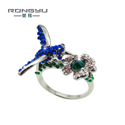 Rongyu Wish Cross-Border Hot European and American Style Creative Ornament Inlaid Full Diamond Color Zircon Bird Flower Ring