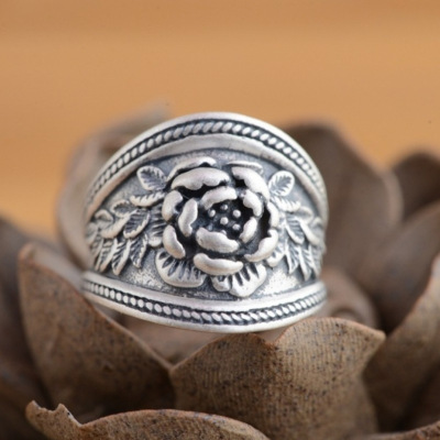 Rongyu wish hot sale 925 plated vintage Thai silver rose ring exquisite embossed flower valentine's day ring