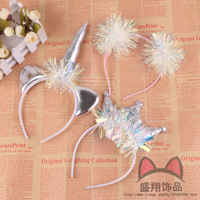 Christmas headband glitter ribbon bright silk unicorn crown hair card holiday props children's headband hair ornament