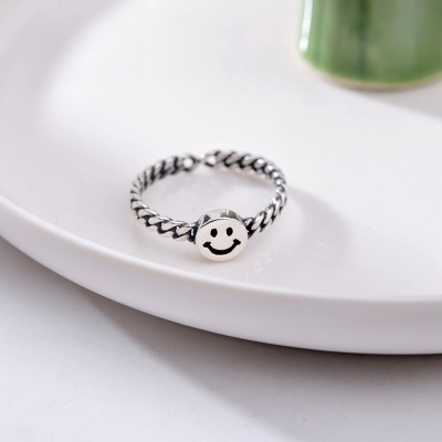 S925 pure silver making process Thai silver woven smiley face ring Japanese and Korean retro move the design with adjustable opening