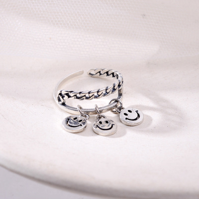 Three smiling face rings S925 sterling silver do old Thai silver Japanese Korean retro design feeling adjustable opening