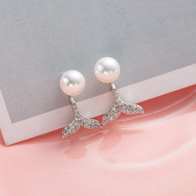 Japanese and Korean beauty fishtail back hanging pearl stud lady s925 sterling silver sparkling dream cool wind studded with diamond earrings