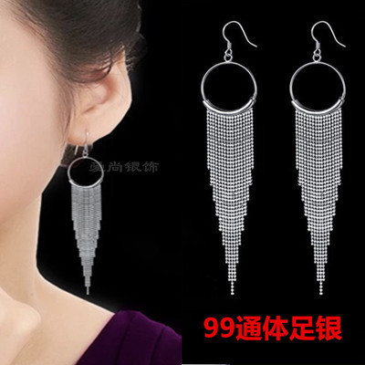 Genuine 990 pure silver earrings Korean long anti - allergic pure silver temperament tassel fairy drop exaggerated getting out