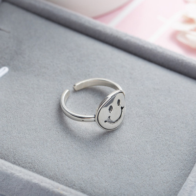 Japan and Korea S925 pure silver mouth smiling face ring girl simple personality smile can adjust the ring to do old craft gift