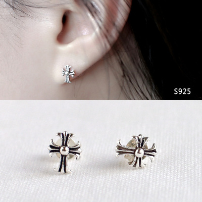 S925 pure silver ear nail female Japanese simple retro cross anti allergy accessories temperament earrings
