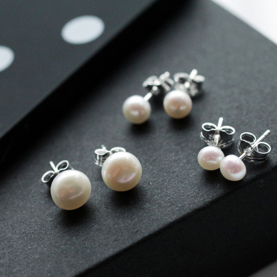 S925 pure silver ear stud lady Japan and Chesapeake simple fashion natural pearl earrings birthday gift Chesapeake silver ornaments