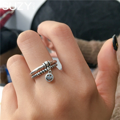 The S925 pure silver Korea east gate live home smiling face ring two-piece set of female mouth ring